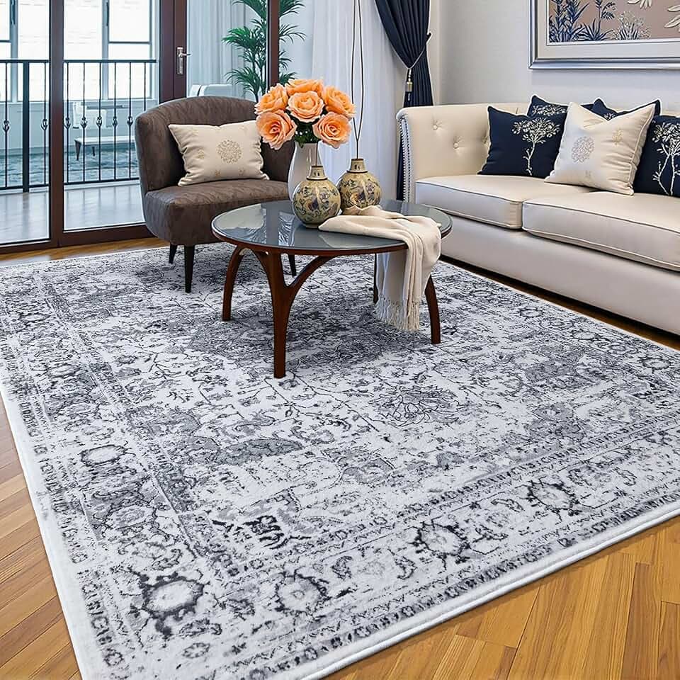Keeko 4x6 Area Rugs for Living Room, Grey Fluffy Vintage Rug Soft Indoor Low Pile Washable Bedroom Floral Rug Carpet Non Slip Accent Distressed Print Rugs for Kids Dorm Dinning Office Room Decor