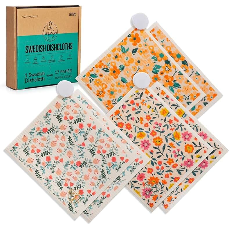 Swedish Dishcloths for Kitchen Dishcloths - 6 Pack, Reusable Paper Towels with Clips, Super Absorbent Washable Non-Scratch Swedish Dish Towels, No Odor, Biodegradable