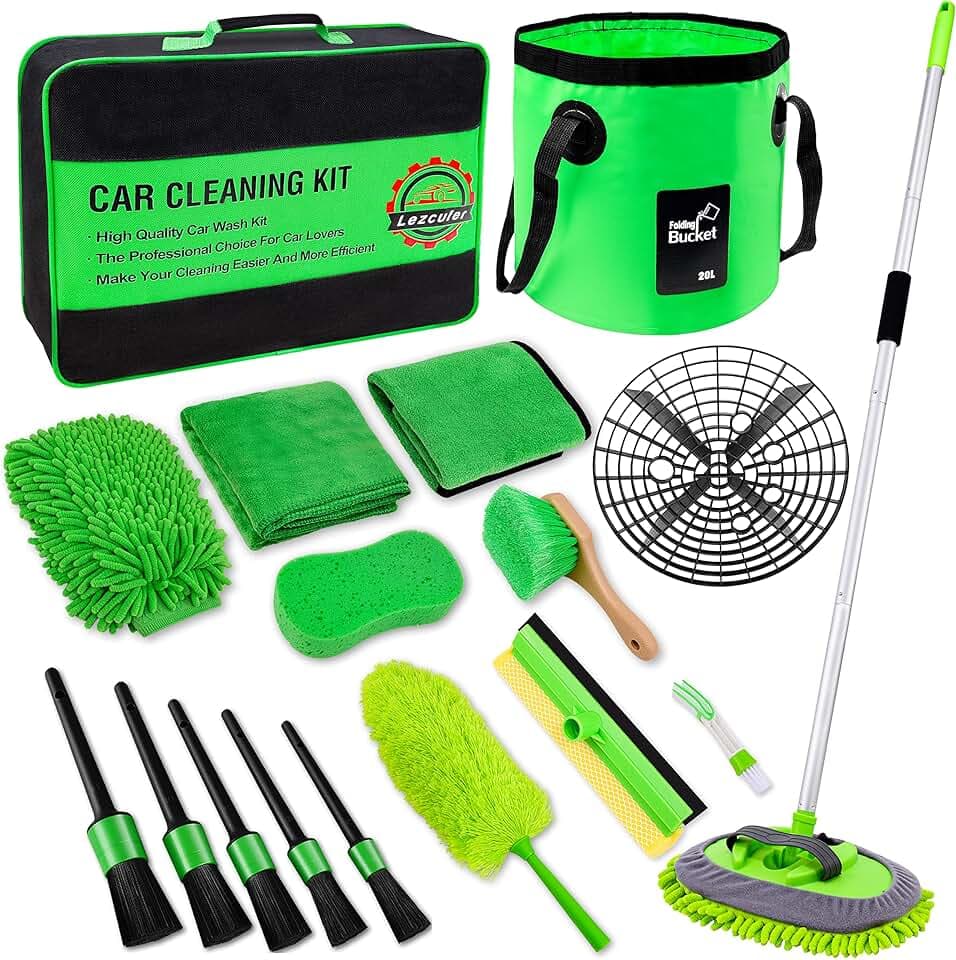 17Pcs Car Wash Kit,62" Car Wash Brush Mop with Long Handle,Car Cleaning Kit,Car Detailing Brush Set,Car Wash Bucket,Car Wheel Brush,Complete Interior Car Cleaning Supplies