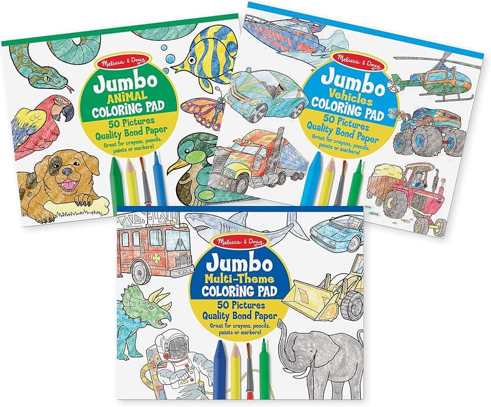 Melissa & Doug Jumbo 50-Page Kids' Coloring Pads 3-Pack - Animals, Vehicles, and Multi-Themed - FSC Certified