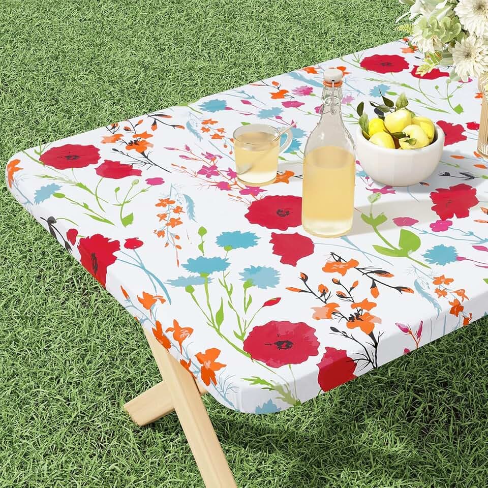 misaya Rectangle Vinyl Tablecloth, Fitted Table Cover, 100% Waterproof, Elastic Edge, Flannel Backing, Plastic Table Cloth Fit 6 Foot Folding Tables for Picnic, Camping, Outdoor (Flowers, 30x72 inch)