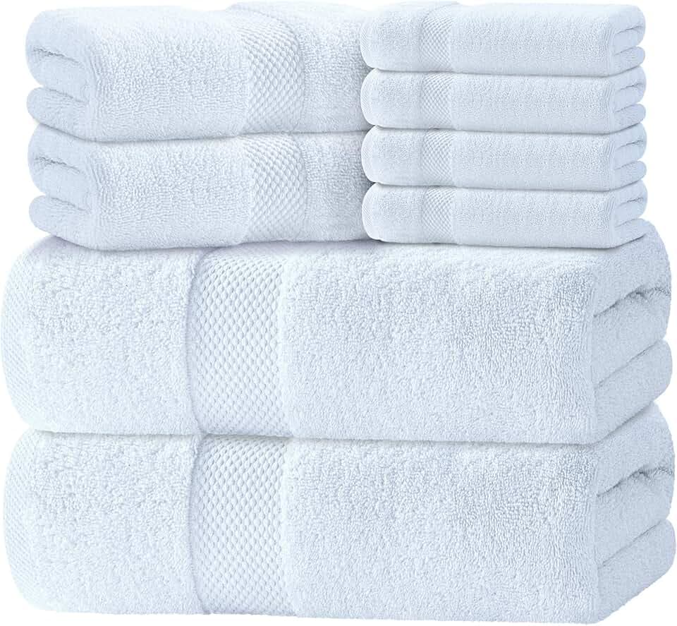 Luxury White Bath Towel Set of 8 Pieces - 100% Turkish Cotton Highly Absorbent Towels for Bathroom, 2 Luxury Bath Towels 700GSM, 2 Hand Towels, 4 Washcloths