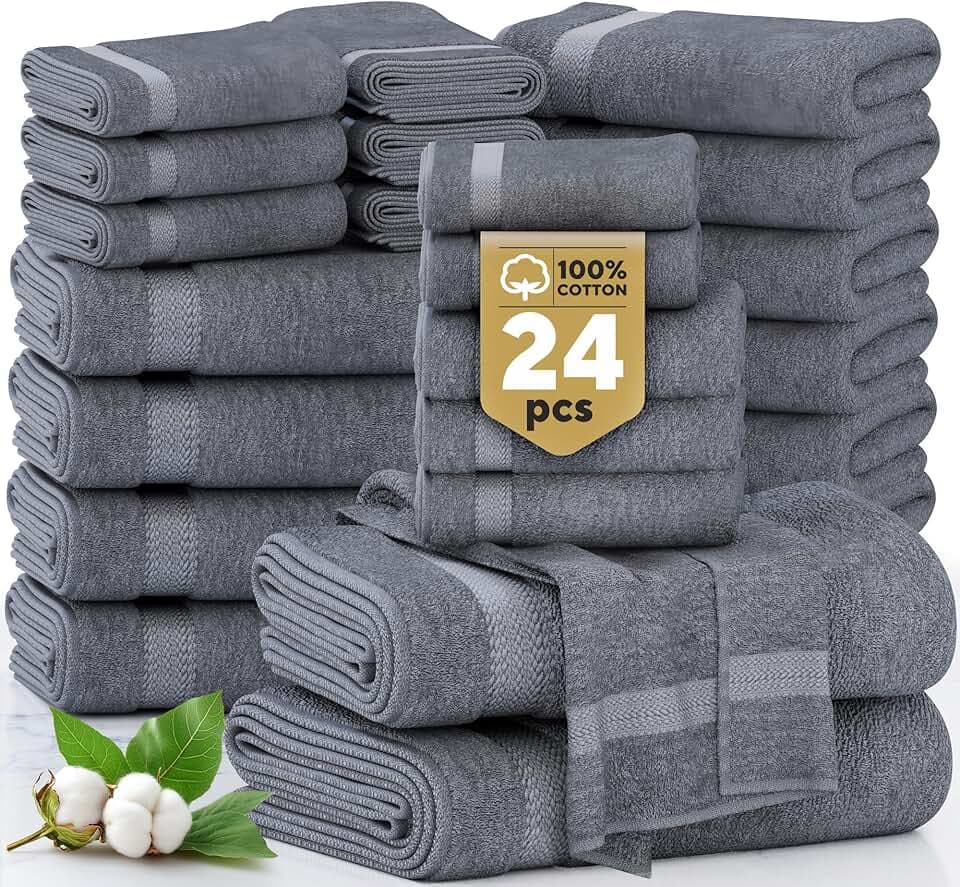 LANE LINEN 100% Cotton Towel Set for Bathroom - 24 Pcs, Ring Spun - Plush, Soft & Absorbent - 2 Bath Sheets, 4 Fingertip, 4 Bath, 6 Hand Towels, 8 Washcloths - Suitable for All Skin Types - Cool Grey