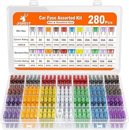 JOREST 280 Pcs Fuse Kit,182 Mini Car Fuses Assortment + 98 Standard Auto Blade Fuse, Replacement for Tool Automtive RV Motorcycle Truck Accessories(2A 3A 5A 7.5A 10A 15A 20A 25A 30A 35A 40AMP)