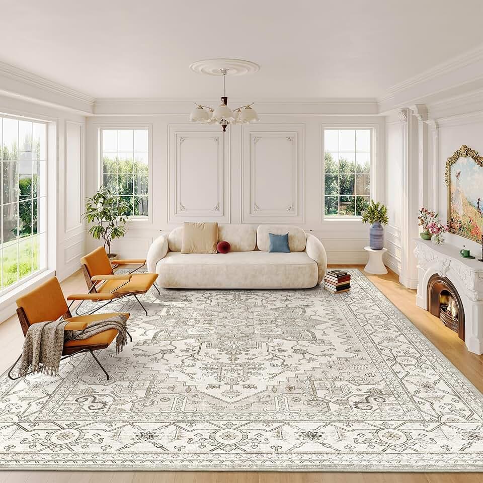 8x10 Area Rugs for Living Room, Stain Resistant Neutral Washable Rugs for Dining Room, Vintage Non-Slip Thin Large Size Beige Area Rug, Printed Vintage Home Decor Rug（Beige）