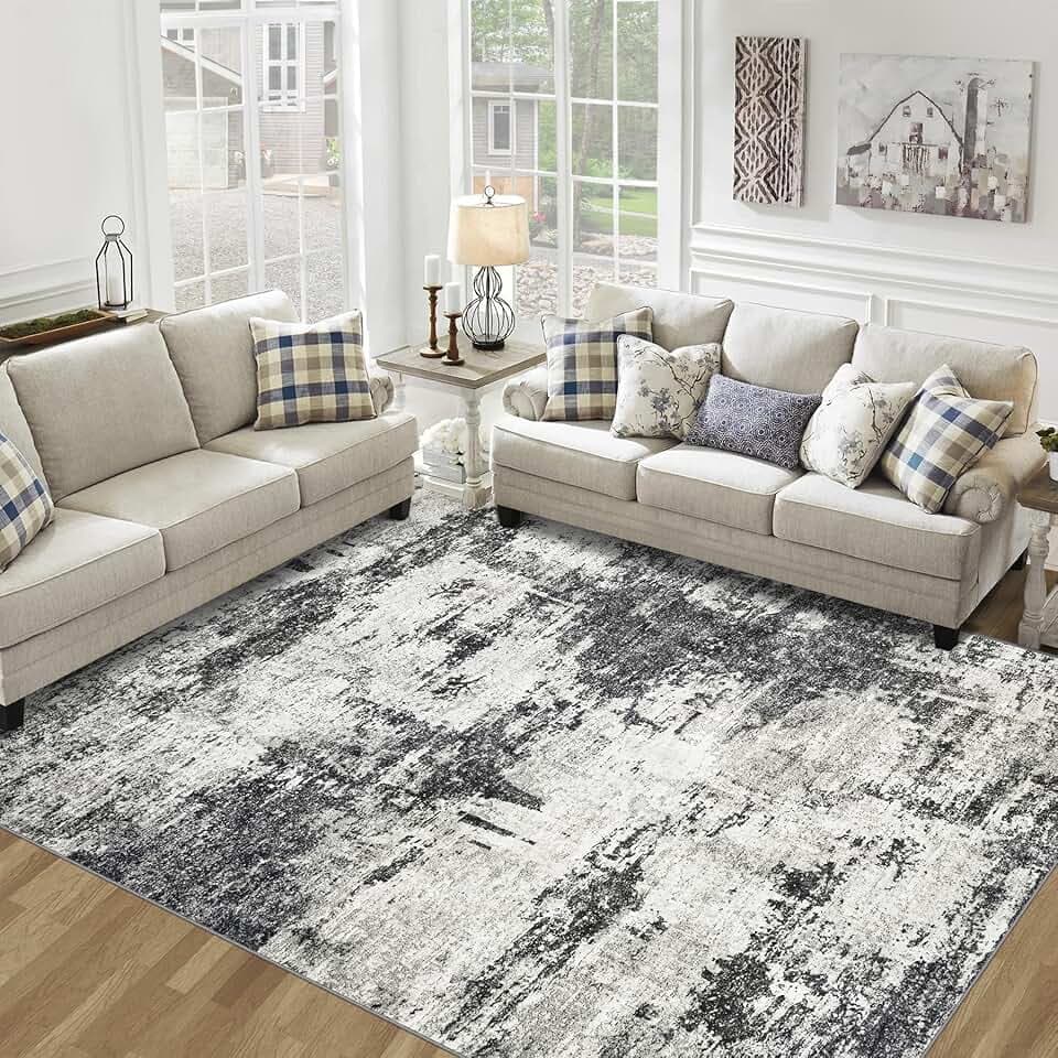 8x10 Area Rugs for Living Room: Abstract Washable Rug with Anti-Slip Backing Non-Shedding Stain-Resistant Soft Modern Large Carpet for Bedroom Dining Room Farmhouse Nursery Home Office Black