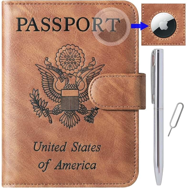 Airtag Passport Holder Cover Wallet Travel Essentials Leather Rfid Blocking Case Vacation Luggage Must Haves Travel Accessories for Men Women (117#Brown)