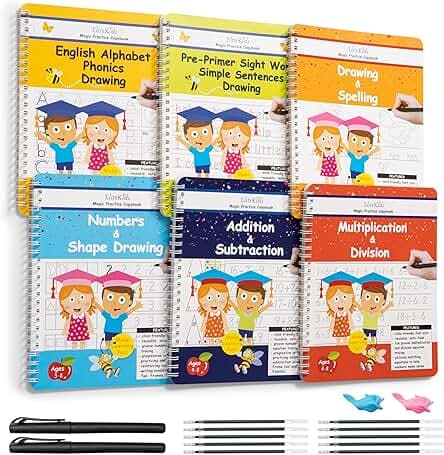 Magic Practice Copybook 6 Workbooks with Disappearing Ink Pens, Reusable Handwriting Practice for Kids, Calligraphy Practice Letter Tracing Books for Kids Ages 3-5 (8.7×6.9in)