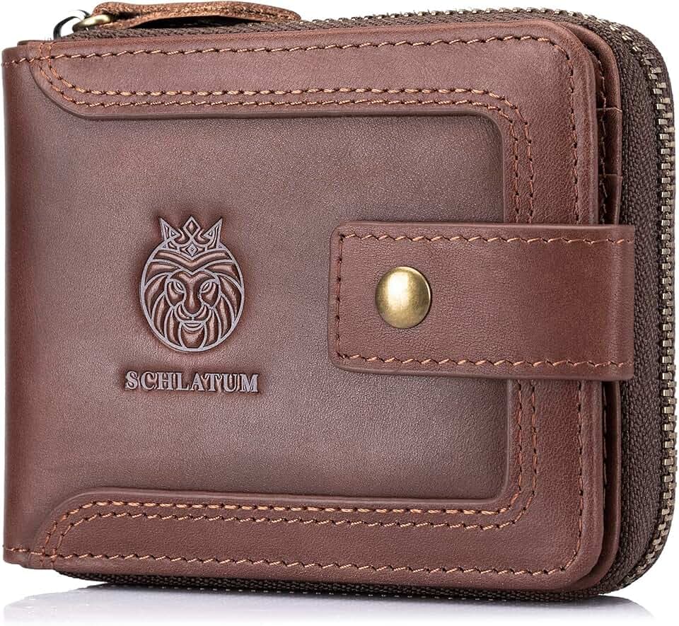 Genuine Leather Zipper Wallet for Men RFID Blocking Large Capacity Vintage Wallet with Coin Pocket ID Window, Coffee