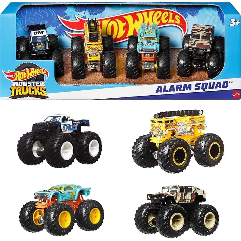 Hot Wheels Toy Monster Trucks Set of 4, 4-Pack of 1:64 Scale Alarm Squad Vehicles, Giant Wheels, Favorite Characters (Amazon Exclusive)