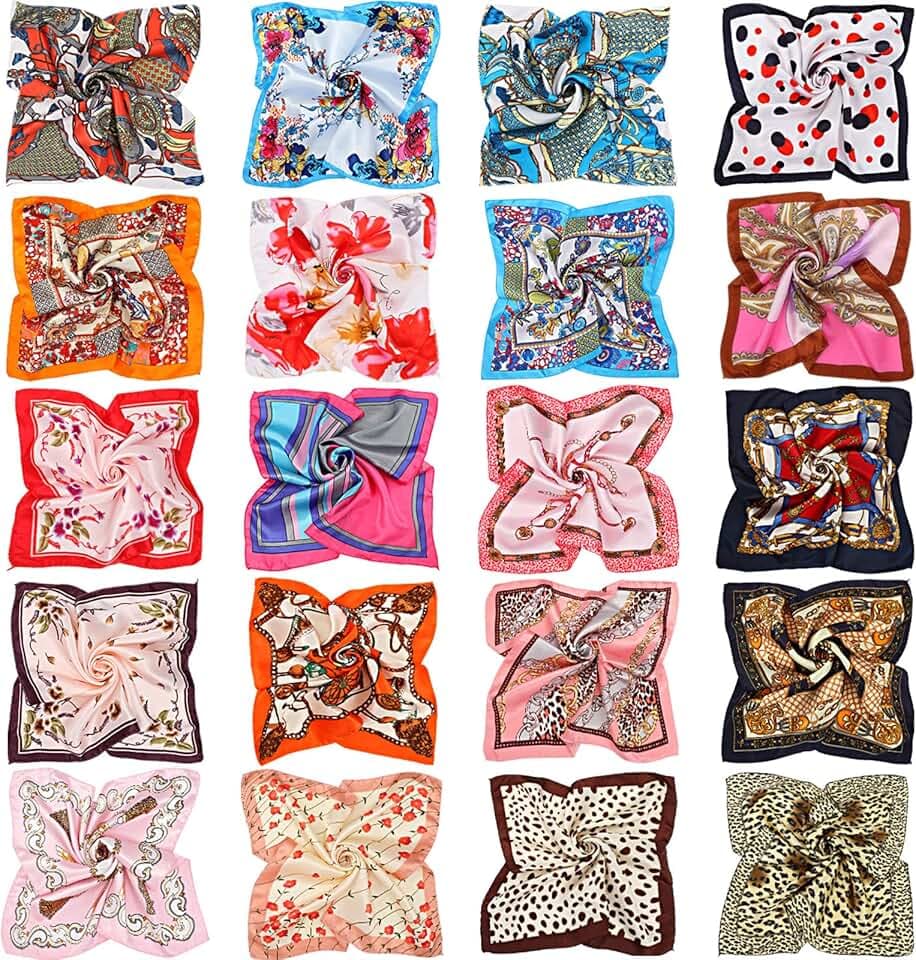 20 Pieces Women Satin Square Scarf Mixed Color Small Silk Neck Scarf for Women Girls Favors, Random Color