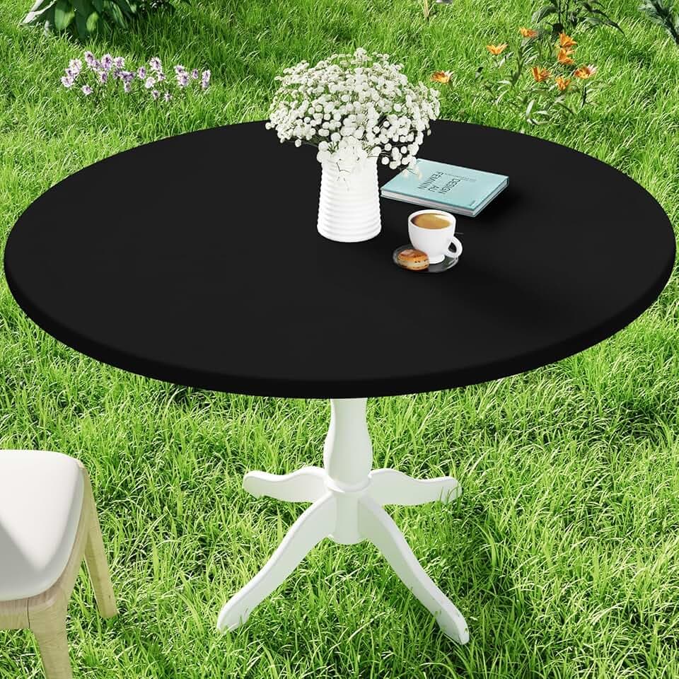 Round Spandex Tablecloth, Elastic Fitted Waterproof Tablecloths for 45"-56" Tables, Stretch Washable Picnic Table Cover for Camping, Dining, Indoor and Outdoor, Black