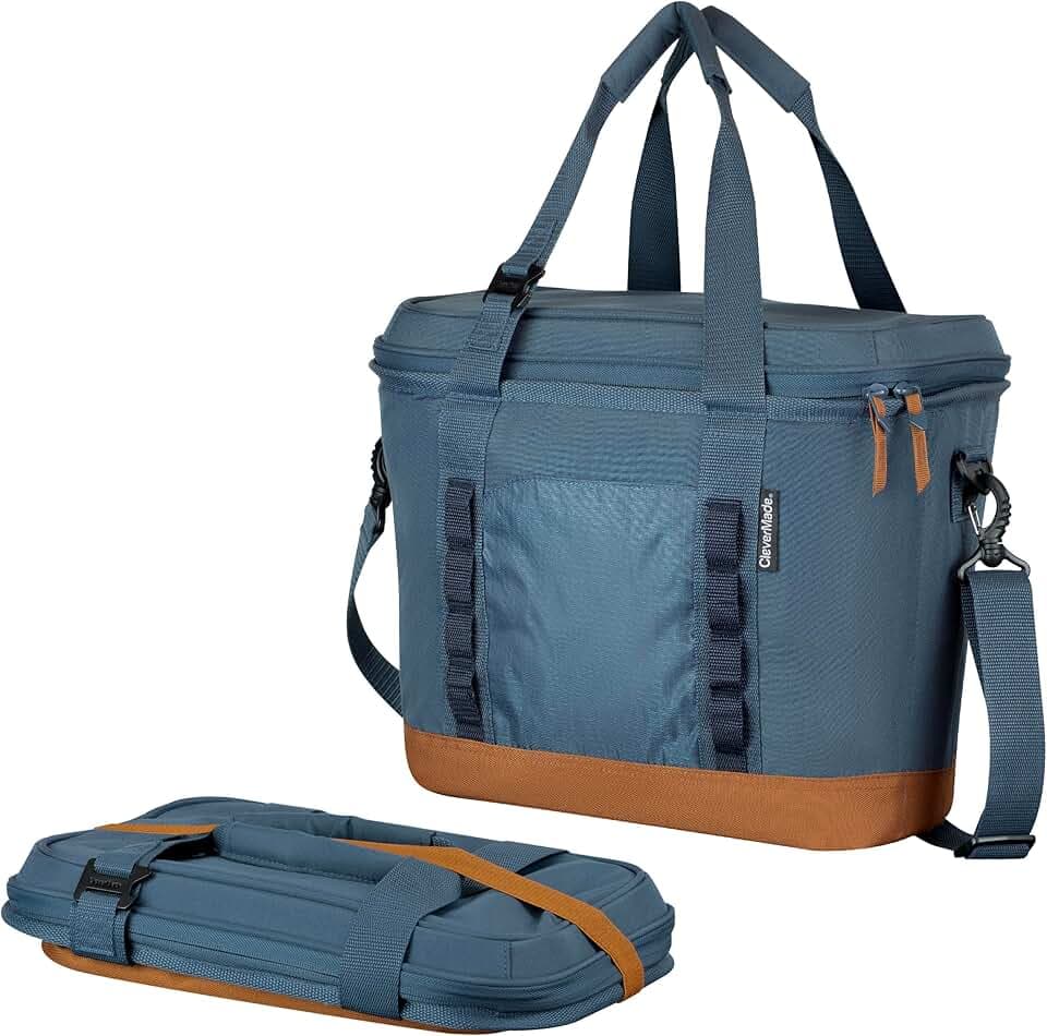 CleverMade Collapsible Insulated Cooler Bag – 30 Can Leakproof Soft Cooler for Beach, Travel, Car – Shoulder Strap, Bottle Opener – Ocean