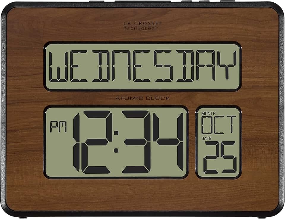 La Crosse Technology 513-1419-WA-INT Atomic Large Full Digital Calendar Clock, Walnut, 9.84"L x 1.14"W x 7.48"H