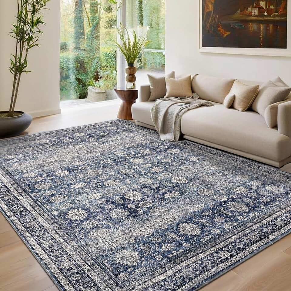 GarveeHome Area Rugs 4x6 Vintage Printed Floor Carpet with Non-Slip Backing, Stain-Resistant Oriental Throw Rugs, Washable Farmhouse Low Pile Rugs for Living Room, Bedroom, Office, Blue