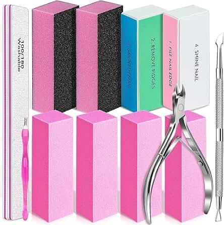 TsMADDTs Nail Files and Buffers, 13PCS Nail Kit with 3-Way Sanding Block, 4-Way Buffing Block, 100/180 Files, Cuticle Nippers & Cuticle Pusher