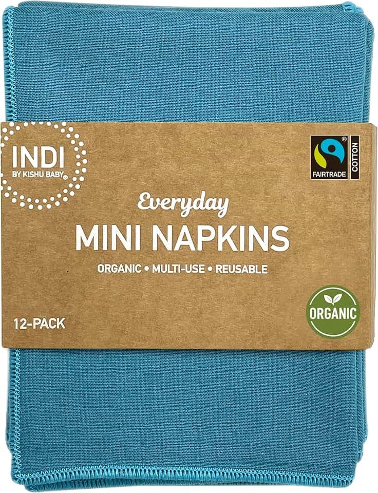 Everyday Mini Napkins | Set of 12 Fairtrade Organic Cotton, Reusable, Eco-Friendly Cloth Napkins for Kids Lunch & Casual Dining | Soft, Quick-Drying 100% Organic Muslin (Teal)