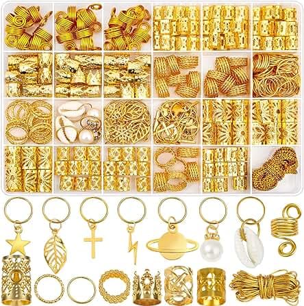 Lucomb 259 Pcs Hair Jewelry for Braids, Loc Jewelry for Hair Dreadlock, Charm Accessories for Women, Metal Gold Braids Rings Cuffs Clips for Dreadlock Accessories Clips Rings Extensions Decorations