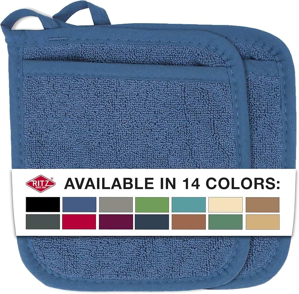 RITZ Terry Pocket Mitt & Hot Pad: Heat Resistant, Durable 100% Cotton – Ergonomically Designed for Optimal Grip, Easy-Care Machine Washable, Perfect for Your Kitchen – Federal Blue, 2-Pack