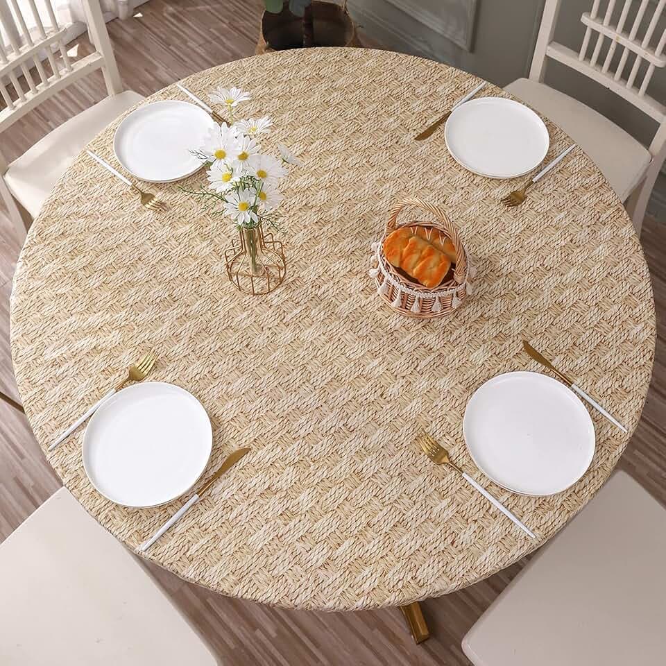 Round Vinyl Fitted Tablecloth with Flannel Backing Elastic Edge Design Table Cover Waterproof Oil-Proof PVC Table Cloth Stain-Resistant Best for 45"-56" Round