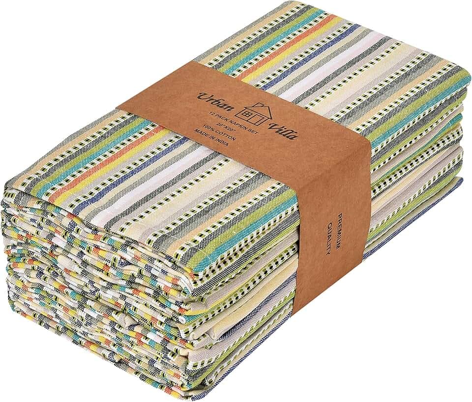 Urban Villa Cloth Napkins Beige Multi Stripes 100% Cotton Absorbent Dinner Napkins (Set of 12) 20x20 Inches Soft Durable Washable Reusable Ideal for Everyday Use Wedding Parties Cloth Dinner Napkins