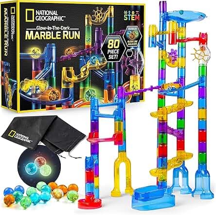 NATIONAL GEOGRAPHIC Glowing Marble Run – Construction Set with 15 Glow in The Dark Glass Marbles & Storage Bag, STEM Gifts for Boys and Girls, Building Project Toy (Amazon Exclusive)