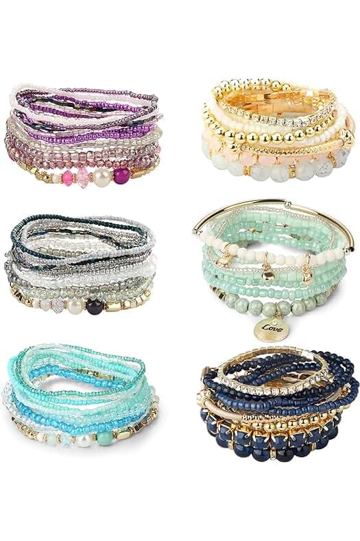 LOYALLOOK 6 Sets Bohemian Stackable Bead Bracelets for Women Stretch Bohemian Style Stretch Multilayered Boho Bracelet Set