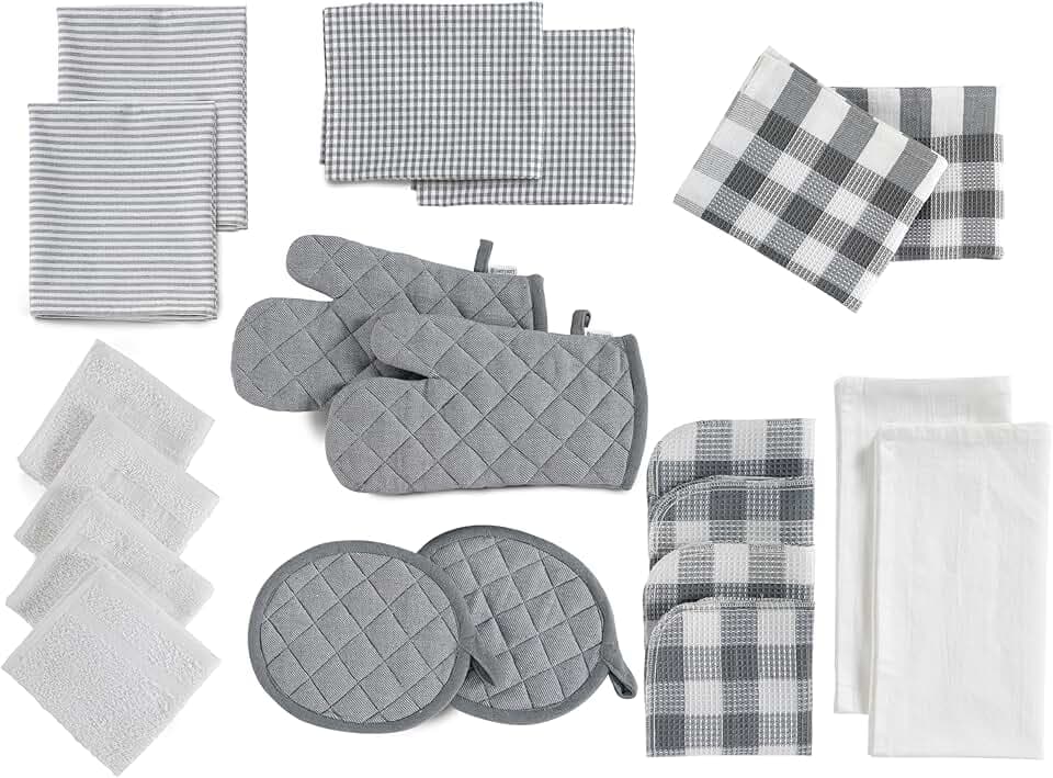 LANE LINEN Kitchen Towels and Dishcloths Sets - 20 Pc Kitchen Essentials for New Home, Heat Resistant Oven Mitts & Pot Holder, Absorbent Flour Sack Dish Towels- Grey