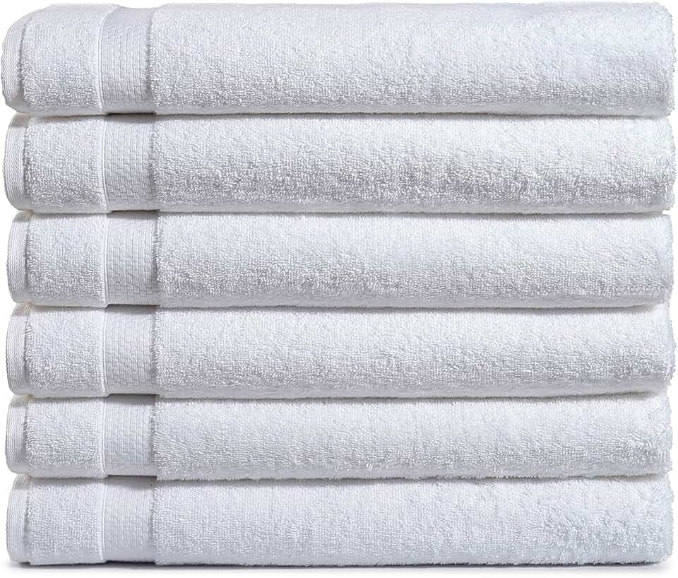 Amazon Basics 6 Pack Bath Towel Set, 54 x 27 inches, 600 GSM 100% Ring Spun Cotton, Lightweight and Highly Absorbent Premium Towels for Hotel, Spa and Bathroom, White