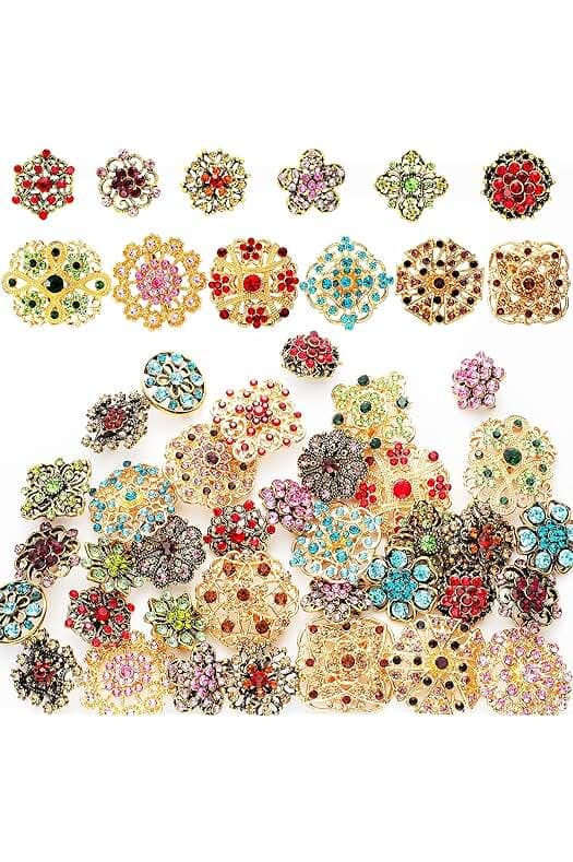 MTLEE 36 Pieces Brooches and Pins for Women Rhinestone Brooches Bulk Crystal Vintage Decorative Flower Lapel Pins Mixed Color Costume Jewelry Retro for Wedding Party Bouquet Crafts Kit Gifts