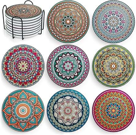 Mandala Drink Coasters with Holder - 8 Set Ceramic Boho Coaster for Drinks Absorbent with Cork Base and Black Holder - Coasters for Coffee Table Apartment Wooden Bar Mugs Glasses Cup Beer